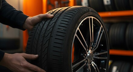 automotive technician inspecting performance tire with modern alloy wheel in shop
