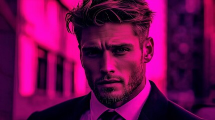 Bold portrait of man in neon pink  
