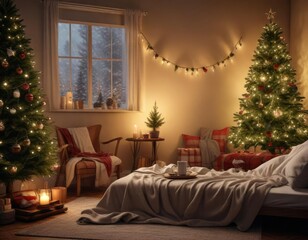 Cozy reading nook with a Christmas tree, soft blankets, and hot cocoa, hot cocoa, warm ambiance, cozy reading nook