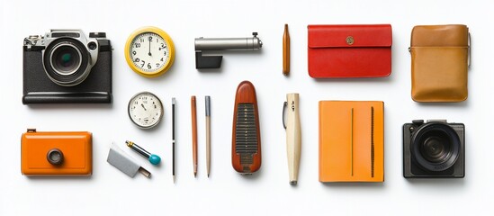 Retro items arranged on white; cameras, clocks, pens, notebooks; flatlay for blog
