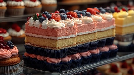 Layered Gourmet Pastry with Fruit and Frosting at a Bakery : Generative AI