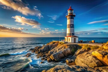 Obraz premium Distant lighthouse standing on the rocky coastline wallpaper, ocean, seashore, rugged rocks, natural scene, building