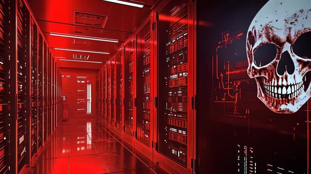 chilling skull emblem glows red-lit server room,symbolizing danger technology.,centrally placed,contrasts starkly rows high-tech equipment.scene evokes cybersecurity threats modern data