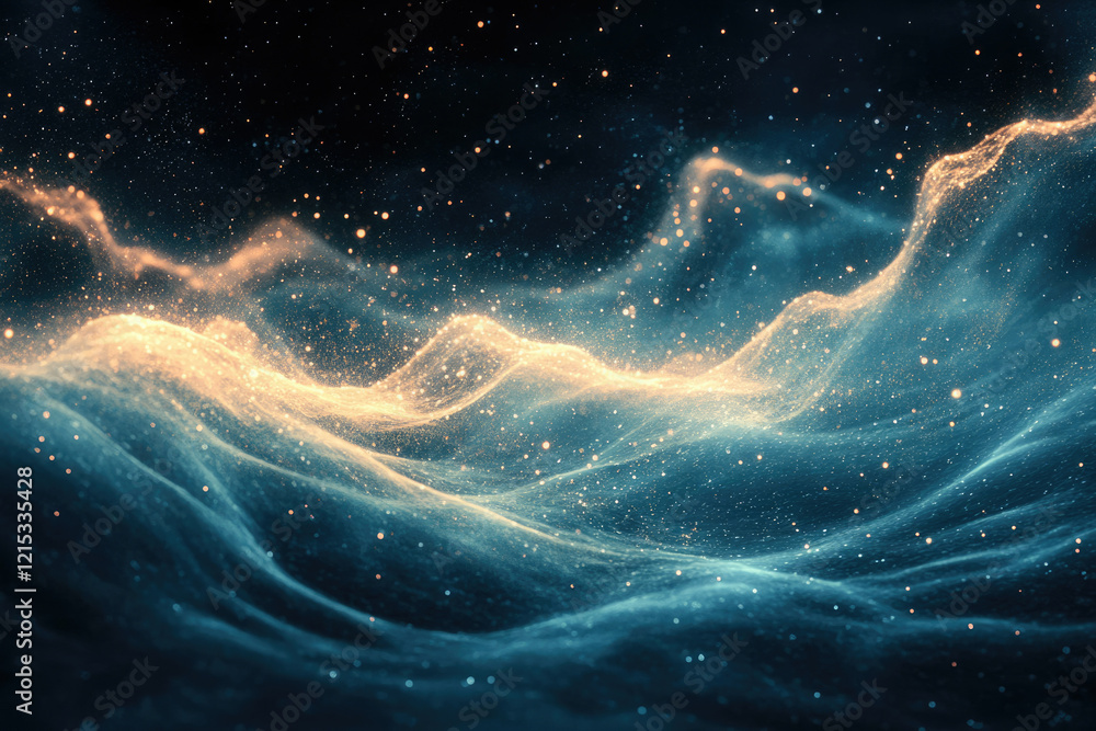 Poster abstract cosmic landscape with glowing particles and nebulae, creating a dreamy, ethereal atmosphere