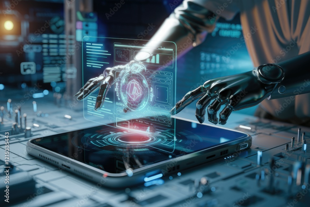 Poster robotic hands interacting with a holographic interface on a futuristic tablet, showcasing advanced t