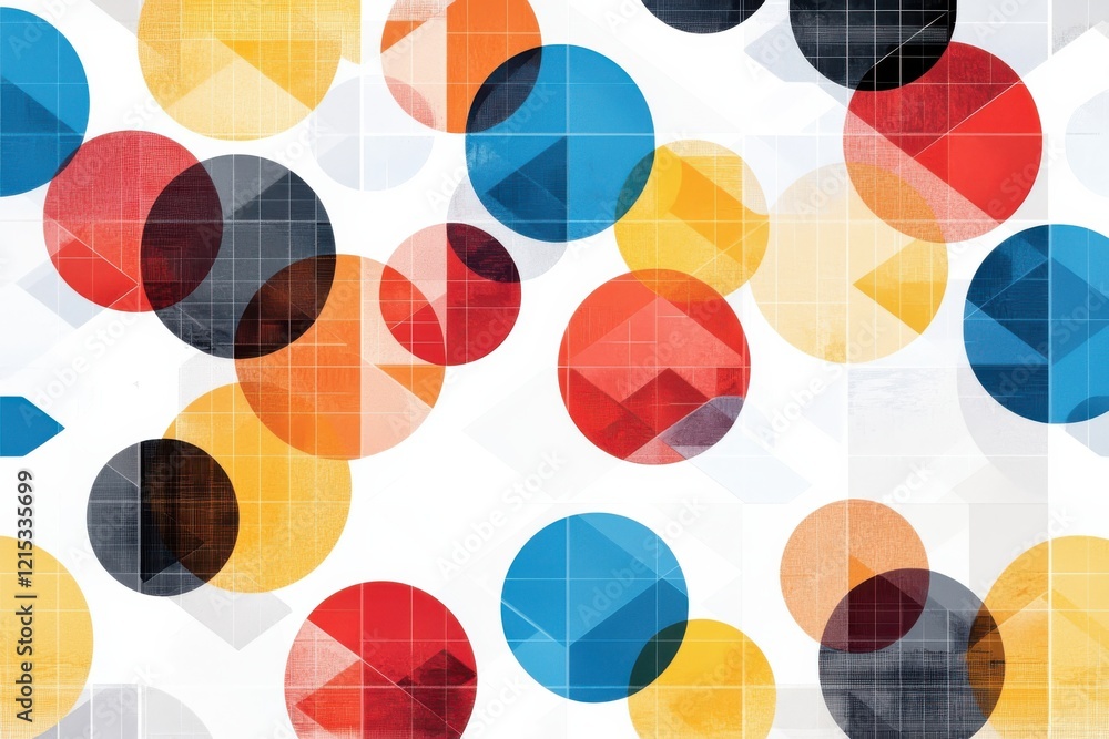 Poster dynamic geometric patterns with overlapping circles and triangles in bold colors abstract art playfu