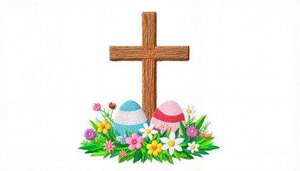 Easter cross with decorated eggs and colorful flowers