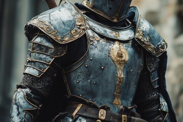 Intricate knight's armor shines under soft light in a historic setting
