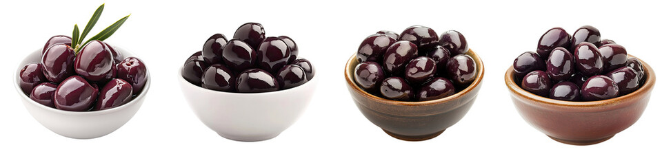 Kalamata Olives in a Small Bowl – A small bowl of deep purple Kalamata olives often served as an appetizer or side dish. Isolated on Clear White Background Highly Detailed 