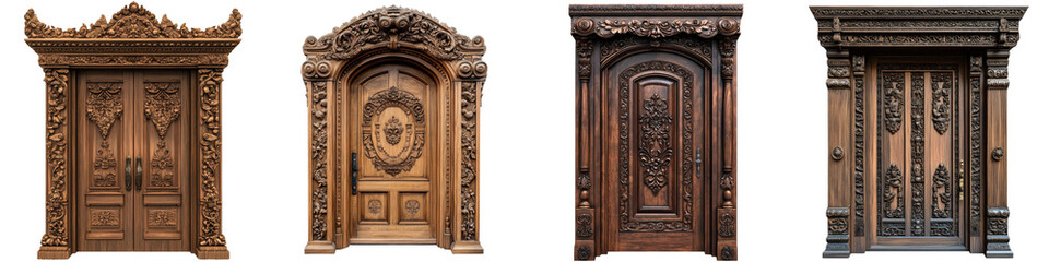 Intricate Carved Wooden Door &ndash; A beautifully crafted wooden door with intricate carvings adding elegance and detail to any entryway. Isolated on Clear White Background Highly Detailed 