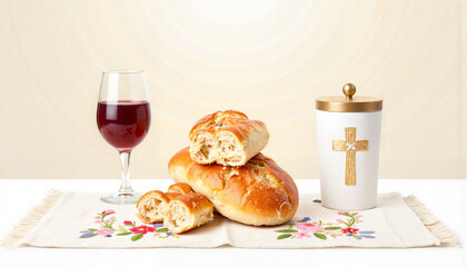 Bread and wine on embroidered tablecloth against a light background