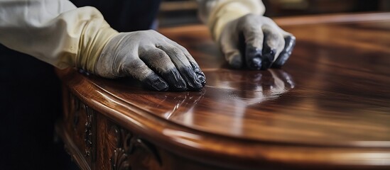 Craftsman polishes wood table in workshop