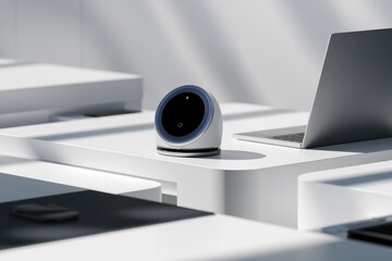 A modern, minimalist workspace featuring a sleek, white webcam, a laptop, and clean white surfaces. 