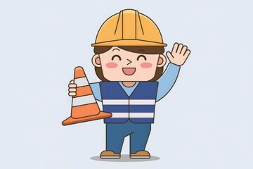 A happy female construction worker holds a traffic cone and waves.
