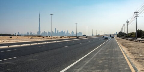 Fototapeta premium Empty stretch of asphalt road with skyscrapers looming in the distance and cars disappearing into the horizon, urban landscape, empty road, skyscraper, modern cityscape, high-rise buildings