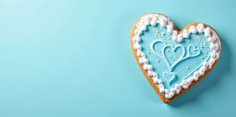 Pale blue and white frosted gingerbread heart, blank space , sweet, white background, confectionery