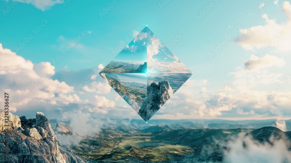 Poster futuristic interface design with floating geometric shapes in a digital landscape interactive elemen