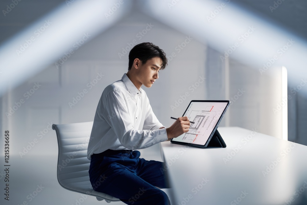 Poster a young man uses a stylus on a tablet to design architectural blueprints.