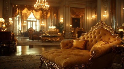 Gold chaise lounge in opulent mansion living room, blurred background suggests relaxation
