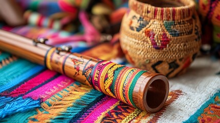 Andean pan flute rests on vibrant textile, beside woven basket, showcasing South American crafts