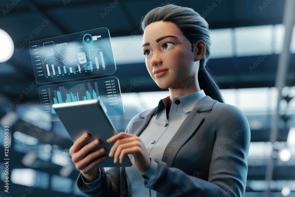 Aufkleber A businesswoman analyzes data on a tablet, visualizing graphs and charts via augmented reality.
