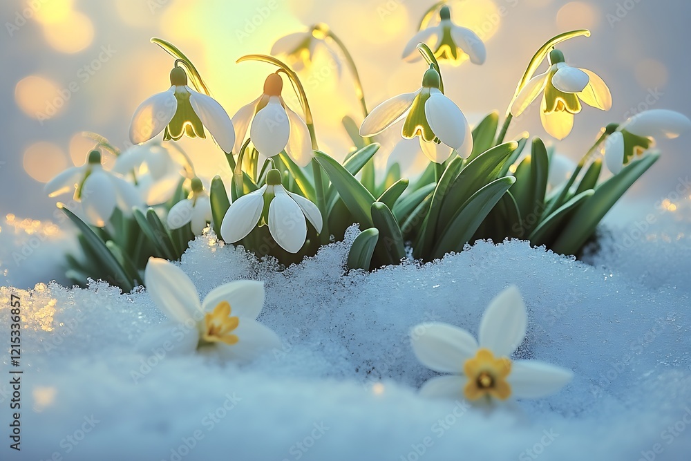 Aufkleber cluster of snowdrops in frosty snow capturing golden light : generative ai