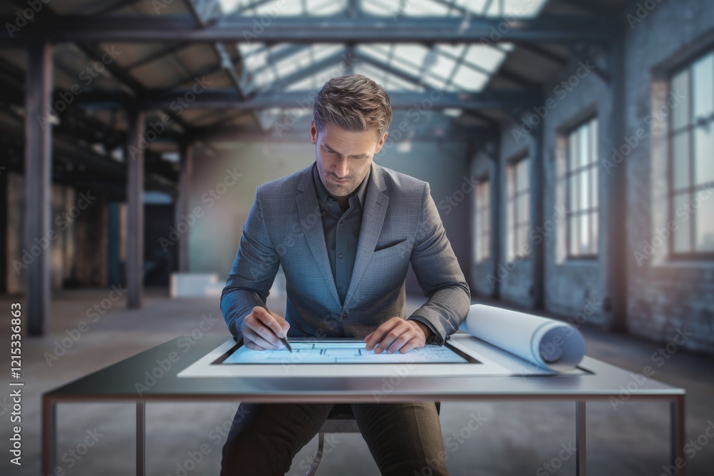 Poster a businessman reviews architectural plans using a digital tablet in a modern industrial setting.