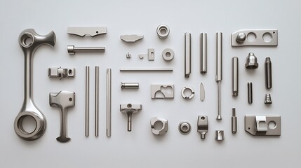 Obraz premium Precision metal parts arranged on white background, industrial design concept
