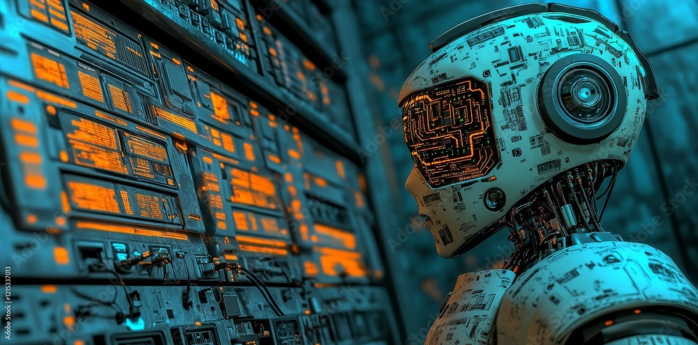 Poster a cyberpunk ai system bathed in glowing data streams, featuring holographic interfaces and sophistic