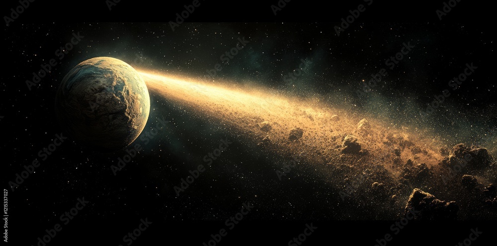 Poster a spherical object in space, blending advanced technology with celestial energy, with brilliant beam
