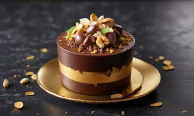 Dark Chocolate Mousse with Almond-Pistachio Topping and Edible Gold Leaf, dessert plate, gold leaf, dark chocolate mousse