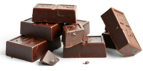 Fototapeta premium Dark chocolate block on a plain white background with a slight sheen, showcasing its rich color and texture, sweet treat, gourmet, dessert