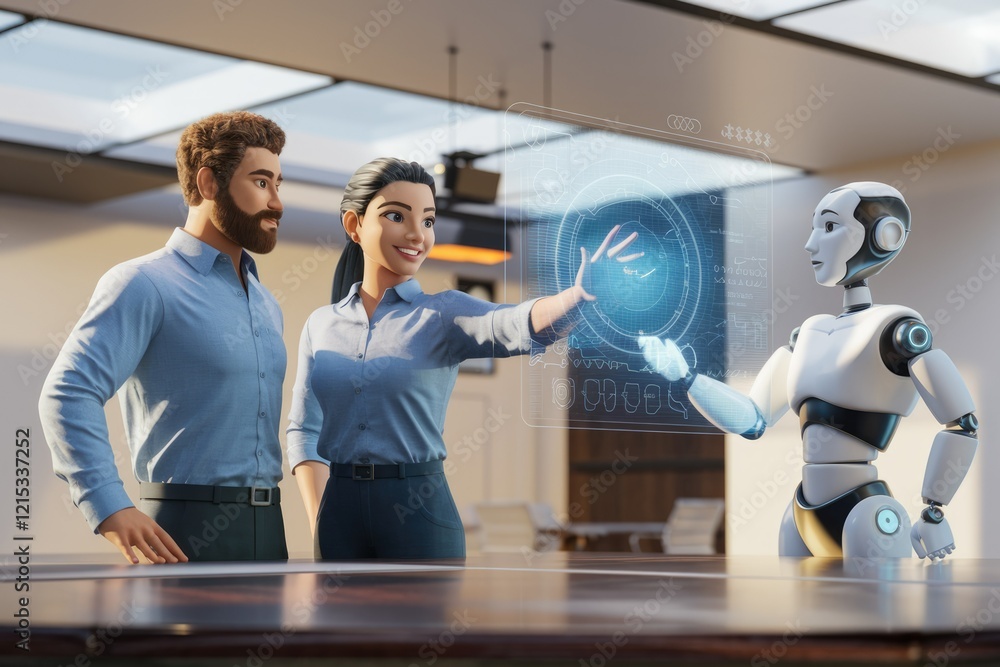 Aufkleber a man and woman interact with a futuristic robot using a holographic interface, showcasing advanced 