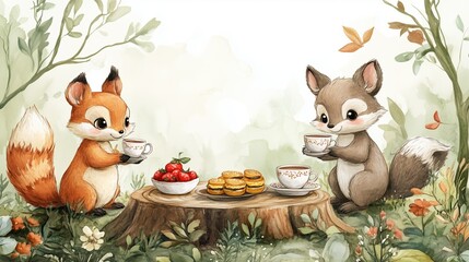 Whimsical watercolor cute cartoon animals in a playful scene,