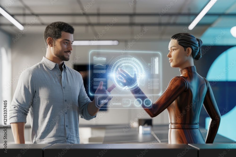 Poster A man and a robot collaborate using a holographic interface, showcasing futuristic technology and human-AI partnership.