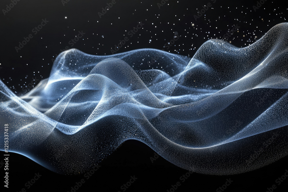 Poster Abstract, flowing particles create a luminous wave pattern against a dark background.
