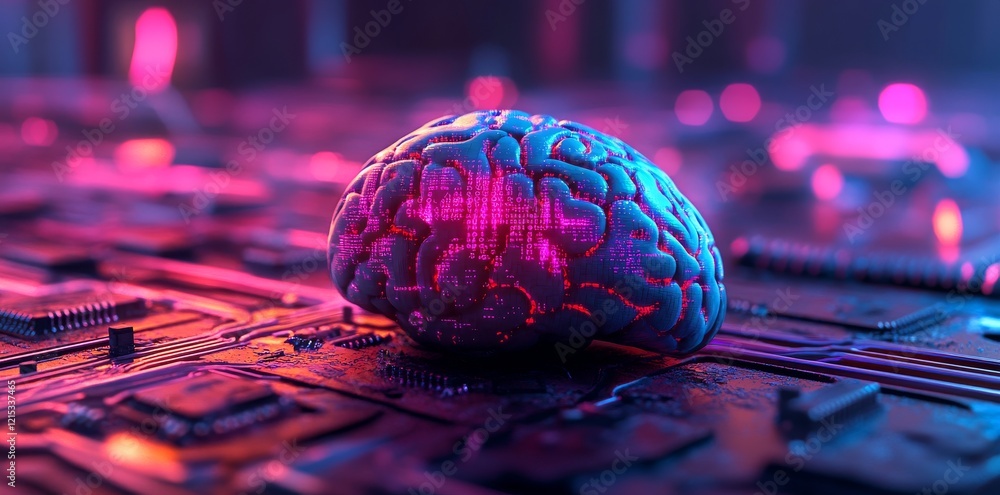 Poster a futuristic ai system immersed in a cyberpunk setting, adorned with glowing neural networks, state-