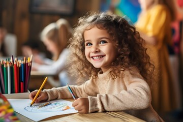Happy Little Girl Coloring In Art Class - Back To School