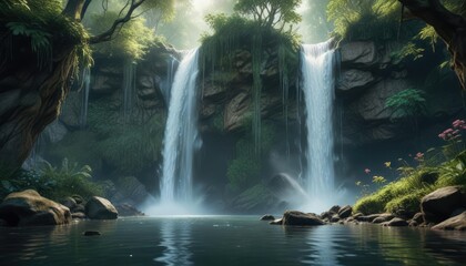 Enchanting fairy-tale setting of magical waterfall in mystical forest, mystical, magical
