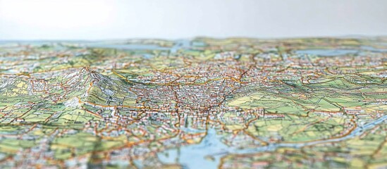 Fototapeta premium Coastal city map detail; hills, water, roads shown; travel planning
