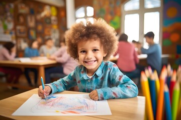 Happy Little Boy Coloring In Art Class - Back To School