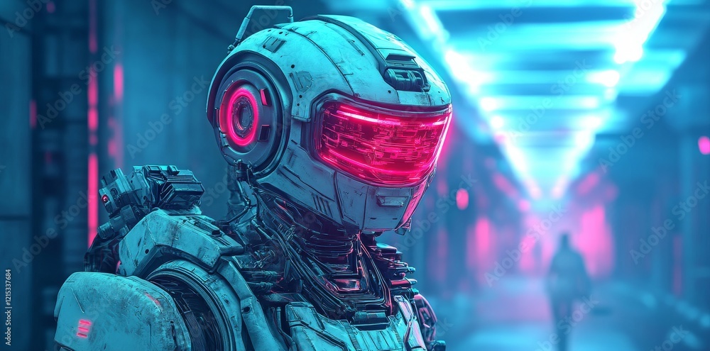Aufkleber a cyberpunk robot in motion, featuring glowing circuits and mechanical limbs, powered by advanced ai