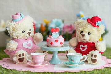 Two adorable teddy bears in pink and red outfits enjoy a heart-shaped cake at a tea party.