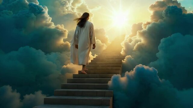 A breathtaking scene of divine serenity, featuring a figure with flowing hair ascending a majestic staircase that stretches into the heaven
