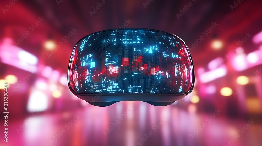 Poster immersive vr headset with cityscape reflections in vibrant futuristic environment : generative ai