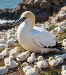 Female Northern Gannet nesting on the shore with chicks nearby, female northern gannet, shoreline, chick development