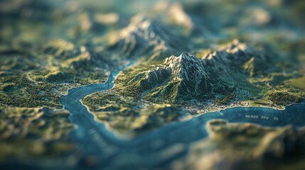 Aerial view of mountainous landscape, river valley, and coastal town; sunrise, game background