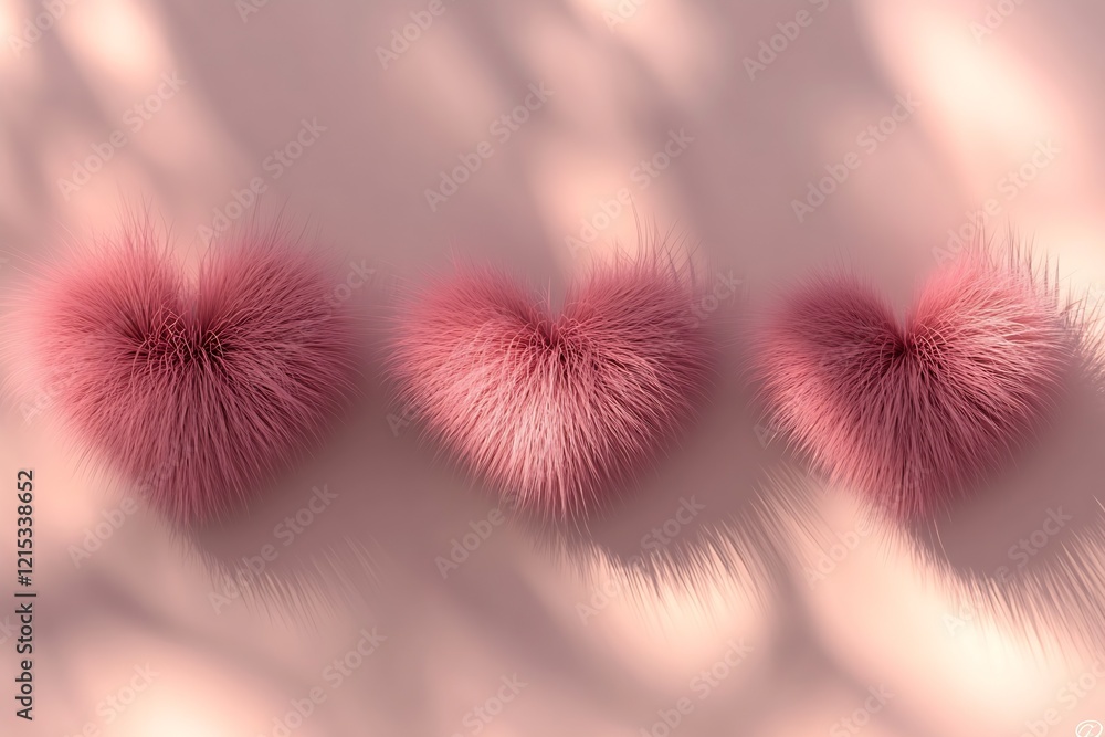 Poster Fluffy Heart-shaped Faux Fur Objects in Soft Pink Pastel Background with Shadow Play : Generative AI