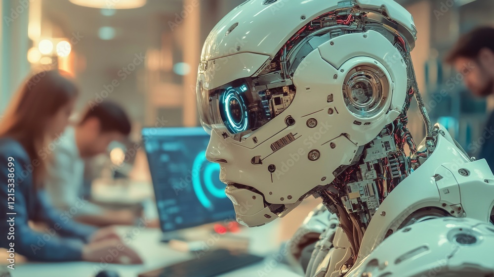 Poster a high-quality image captures a robotics laboratory with engineers actively collaborating on cutting