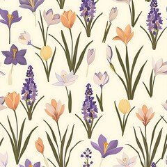 Simple graphic pattern of crocuses and hyacinths against a pastel cream background, small flowers covering the whole picture.